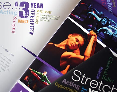 Prospectus design for an international performing arts college.